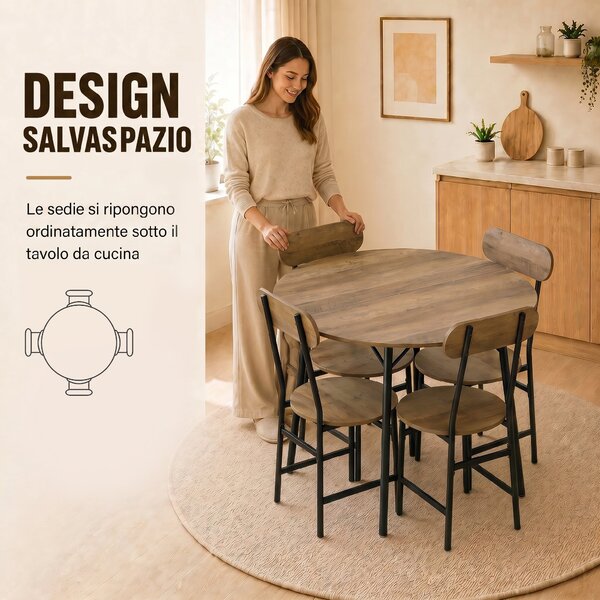 HOMCOM Set pranzo 5 pezzi: tavolo e 4 sedie, gambe metallo, finitura naturale. | Aosom Italy