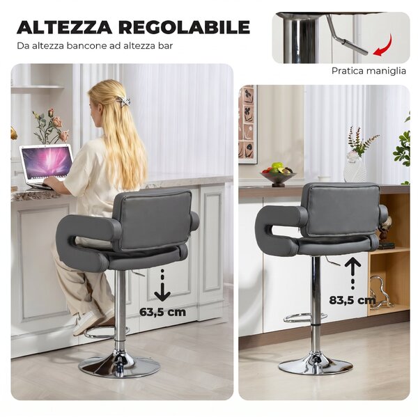 HOMCOM Sgabello da Bar Regolabile, Seduta Extra Large Girevole in Similpelle PU, Grigio | Aosom Italy