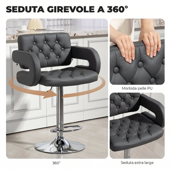 HOMCOM Sgabello da Bar Regolabile, Seduta Extra Large Girevole in Similpelle PU, Grigio | Aosom Italy
