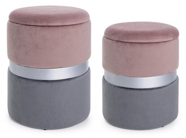 Set 2 Pouf Contenitore Polina Rosa-Grigio in Tessuto effetto Velluto