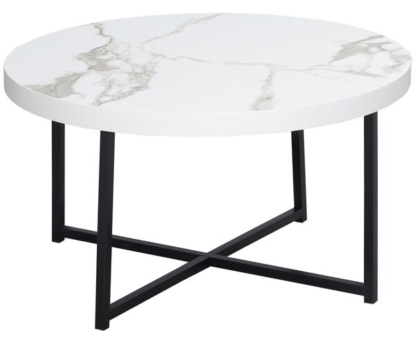 Tavolino da Caffè Rotondo con Piano Effetto Marmo Ø80x45 cm in MDF e Gambe in Metallo Bianco