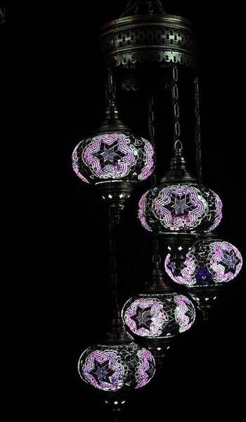 Lampada a sospensione turca - Mosaico - Lampada marocchina - Lampadari artigianali - Viola - 5 sfere di vetro