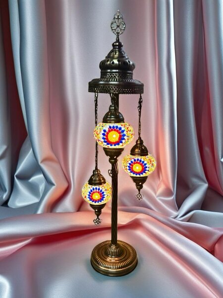 Lampada da terra turca con 3 sfere di vetro realizzate a mano – Lampada da notte a mosaico H 90 cm – Illuminazione orientale