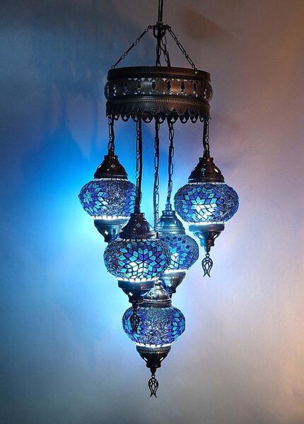Lampada a sospensione turca a 5 luci in vetro mosaico blu – lampada da soffitto orientale dal design unico