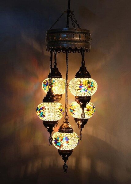 Lampada a sospensione turca a 5 globi, lampadario orientale con vetro mosaico, realizzato a mano, luce calda