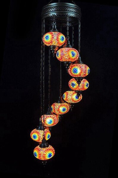 Lampada a sospensione a 9 sfere in vetro mosaico multicolore - Lampada a sospensione turca con 9 sfere in vetro mosaico - Lampada da soffitto orientale