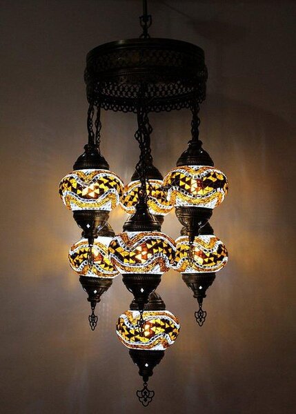 Lampada a sospensione a 7 sfere in vetro mosaico marrone - Lampada a sospensione turca con 7 sfere in vetro mosaico - Lampada da soffitto orientale