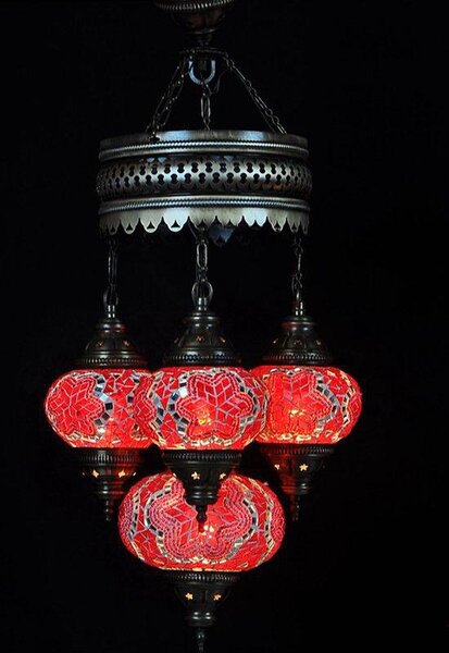 Lampada a sospensione turca a 4 luci in vetro mosaico rosso-arancio – Lampada da soffitto orientale con 4 sfere