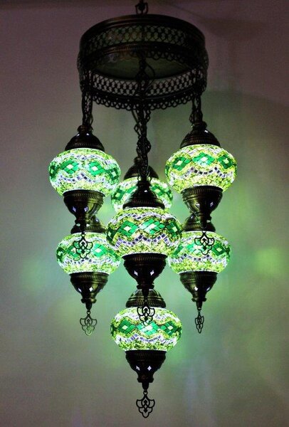 Lampada a sospensione a 7 sfere in vetro mosaico verde - Lampada a sospensione turca con 7 sfere in vetro mosaico - Lampada da soffitto orientale