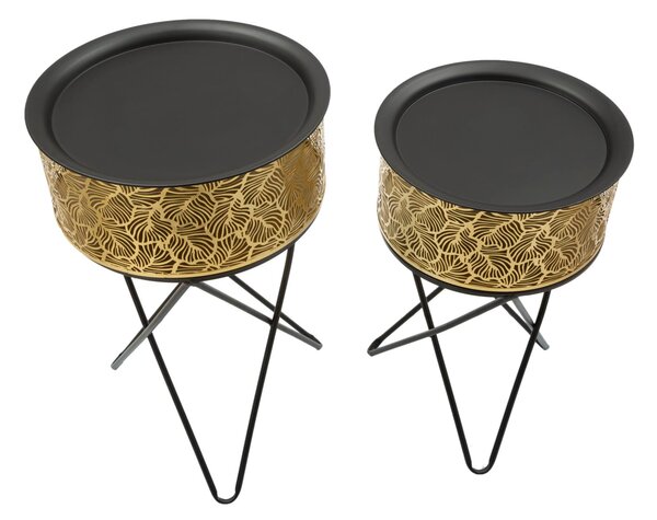Set 2 Tavolini Ø40x66-35x56 cm in Metallo Nero e Oro