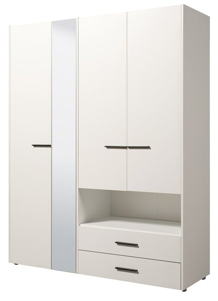 Armadio 4 Ante Battenti con Specchio 161x55x205 cm in Legno Laminato Bianco
