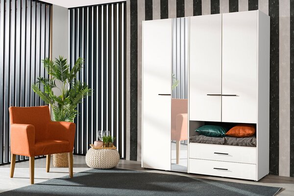 Armadio 4 Ante Battenti con Specchio 161x55x205 cm in Legno Laminato Bianco