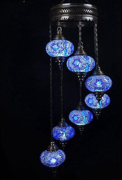 Lampada a sospensione turca a 7 sfere in vetro mosaico blu – lampada da soffitto orientale con 7 sfere in vetro mosaico