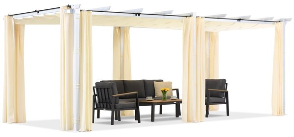 Pergola per patio Barbados 3x6 m con tende Garden Point bianche e beige