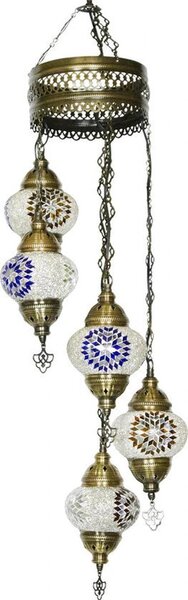 Lampada a sospensione Mosaico orientale in bianco, altezza 97 cm, larghezza 20 cm, diametro delle sfere 13,5 cm, attacco E14