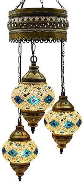 Lampada a sospensione turca con 3 sfere di vetro, lampada da soffitto orientale in turchese e bianco, realizzata a mano, design a mosaico