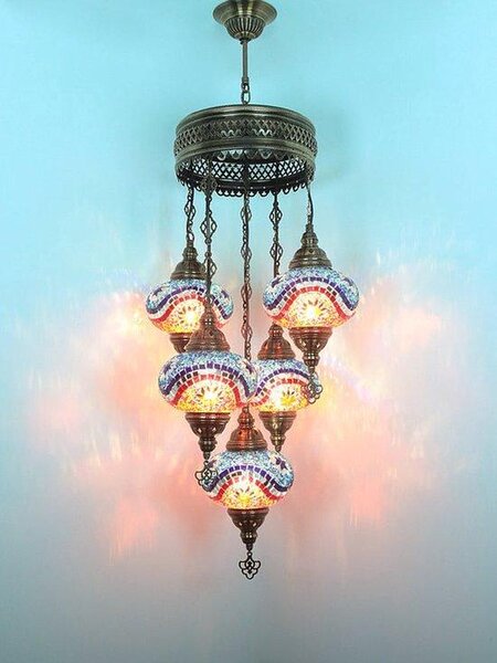 Lampada a sospensione turca a 5 sfere in vetro mosaico blu e multicolore – Lampadari orientali con 5 sfere in vetro