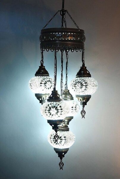 Lampada a sospensione a 5 sfere in vetro mosaico bianco - Lampada a sospensione turca con 5 sfere in vetro mosaico - Lampada da soffitto orientale
