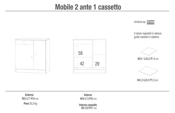 Mobile 2 Ante 1 Cassetto 77x80x34 cm Bianco Lisco