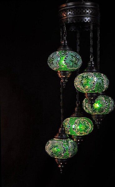 Lampada a sospensione turca con mosaico - Lampada marocchina fatta a mano - 5 sfere di vetro colorate - Altezza 110 cm