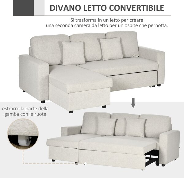 HOMCOM Divano Letto Angolare con Seduta 2 Posti e Penisola, Vano Contenitore e 2 Cuscini in Tessuto, Crema | Aosom Italy