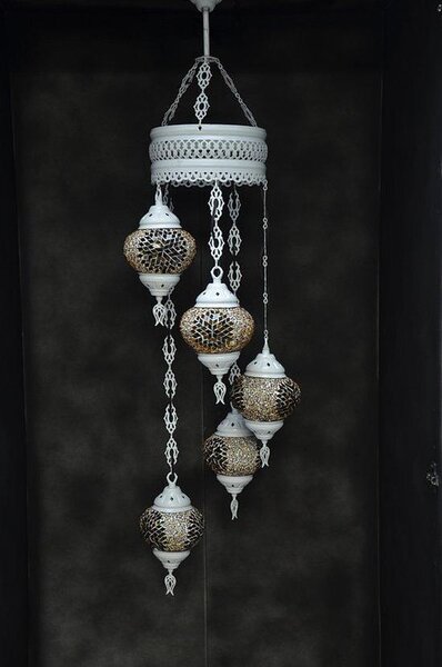 Lampada a sospensione in vetro marrone con mosaico colorato, 5 sfere, lampada da soffitto orientale marocchina