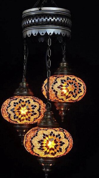 Lampada a sospensione a 3 sfere in vetro mosaico marrone - Lampada a sospensione turca con 3 sfere in vetro mosaico - Lampada da soffitto orientale