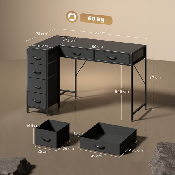 HOMCOM Scrivania Angolare a 6 Cassetti con Gancio Laterale e Prese Integrate, in Legno e Acciaio, 126x48x80 cm, Nero | Aosom Italy