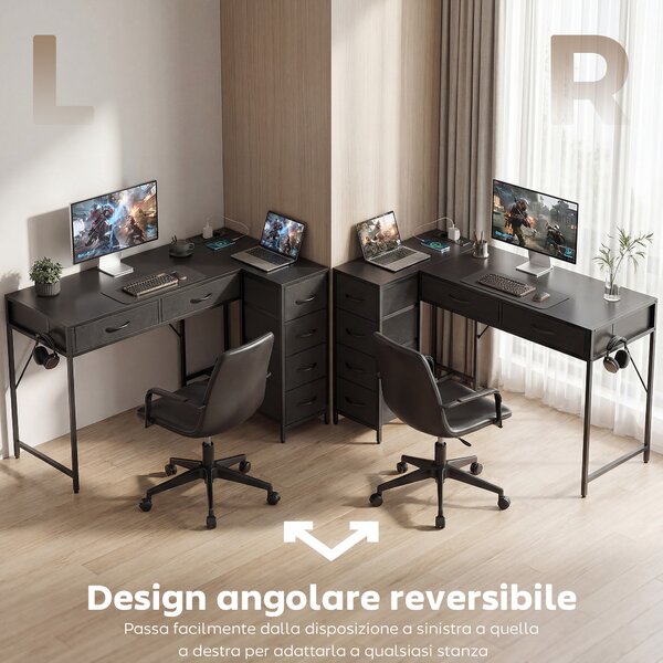 HOMCOM Scrivania Angolare a 6 Cassetti con Gancio Laterale e Prese Integrate, in Legno e Acciaio, 126x48x80 cm, Nero | Aosom Italy