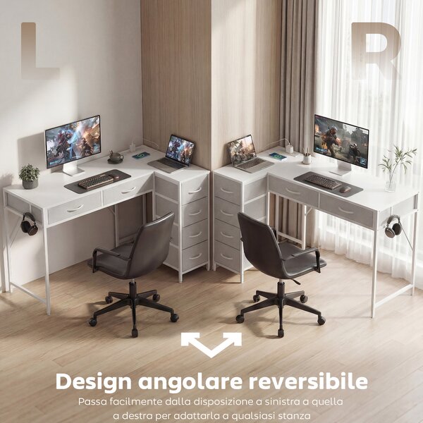HOMCOM Scrivania Angolare a 6 Cassetti con Gancio Laterale e Prese Integrate, in Legno e Acciaio, 126x48x80 cm, Bianco | Aosom Italy