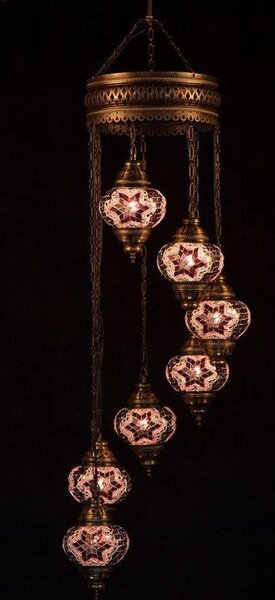 Lampada a sospensione turca a 7 sfere in vetro mosaico rosa – lampadario orientale con 7 sfere in vetro mosaico