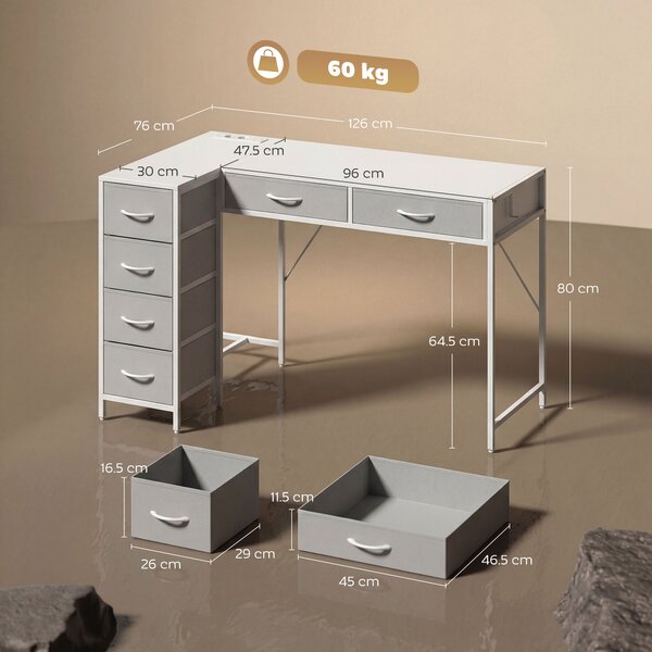 HOMCOM Scrivania Angolare a 6 Cassetti con Gancio Laterale e Prese Integrate, in Legno e Acciaio, 126x48x80 cm, Bianco | Aosom Italy