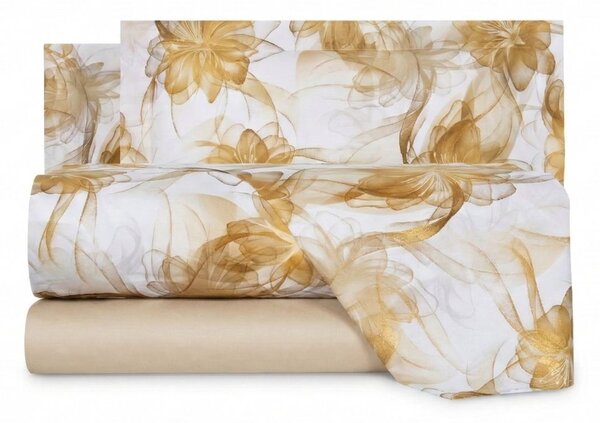 Completo Lenzuola In Percalle Sea Flower Matrimoniale - 250X290 175X205 + 2 Federe 50X80 Mirabello Floreale Oro Caleffi