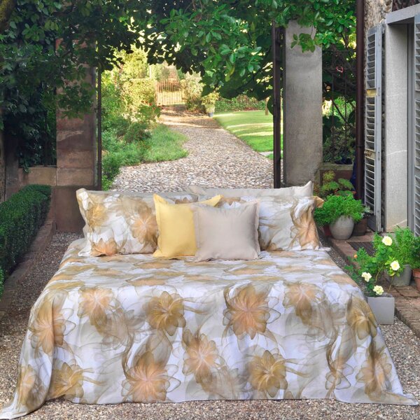 Completo Lenzuola In Percalle Sea Flower Matrimoniale - 250X290 175X205 + 2 Federe 50X80 Mirabello Floreale Oro Caleffi
