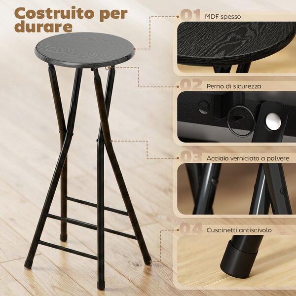 HOMCOM Set 4 Sgabelli Bar Pieghevoli con Doppio Poggiapiedi, in Legno e Acciaio, 34x30x70 cm, Nero | Aosom Italy