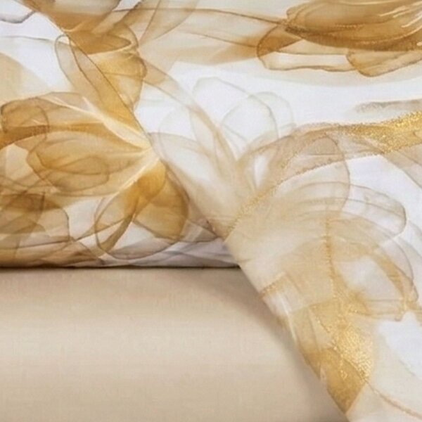 Completo Lenzuola In Percalle Sea Flower Matrimoniale - 250X290 175X205 + 2 Federe 50X80 Mirabello Floreale Oro Caleffi