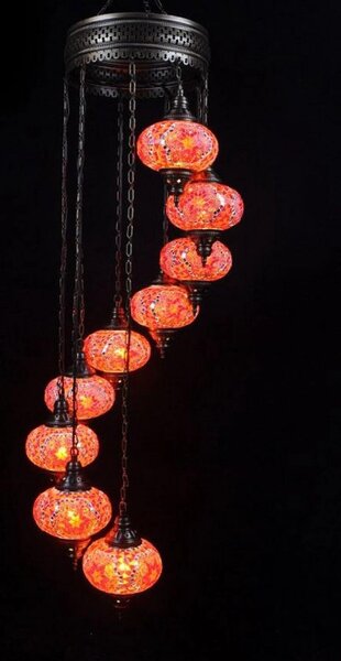 Lampada a sospensione a mosaico a 9 sfere in vetro rosso-arancio – Lampada a sospensione turca, lampadario orientale con 9 sfere di vetro