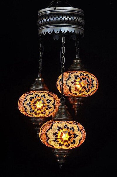 Lampada a sospensione a 3 sfere in vetro mosaico marrone - Lampada a sospensione turca con 3 sfere in vetro mosaico - Lampada orientale