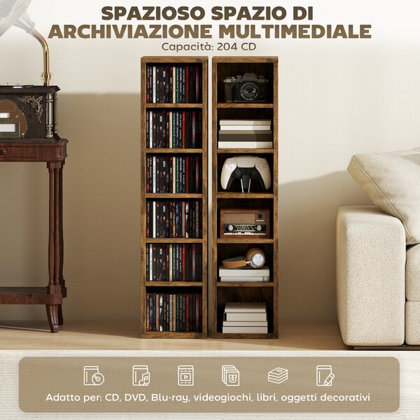 HOMCOM Set 2 Mobili Porta CD con Ripiani Regolabili per 204 CD in Legno, 21x22.5x88.5 cm, Marrone Rustico | Aosom Italy