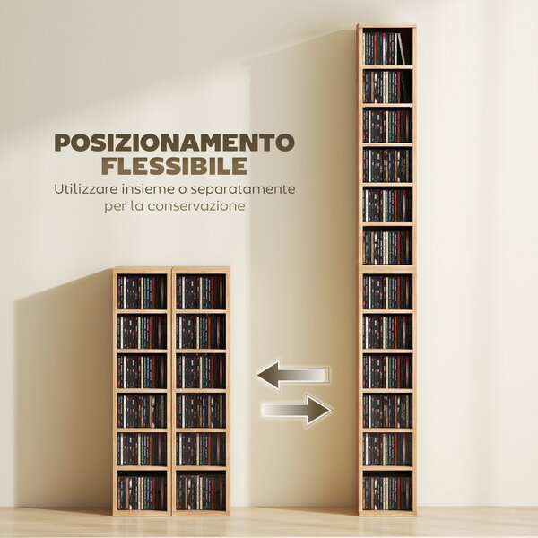HOMCOM Set 2 Mobili Porta CD a 6 Ripiani Regolabili per 204 CD in Legno, 21x22.5x88.5 cm, Color Legno | Aosom Italy