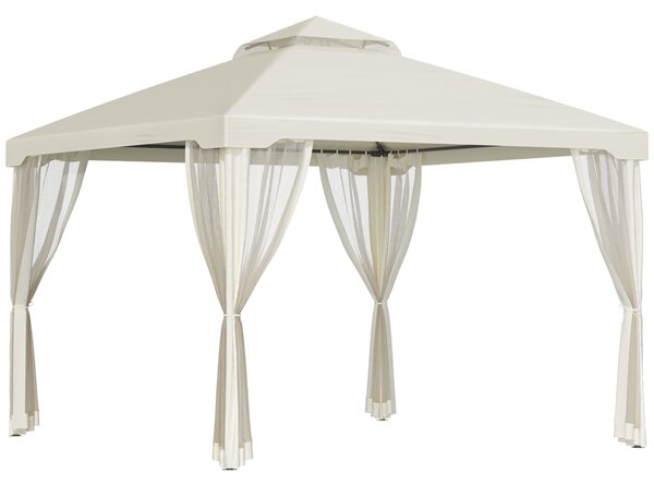 Gazebo da Giardino 2.95x2.95m in Metallo Doppio Tetto Zanzariera e Laterali Beige