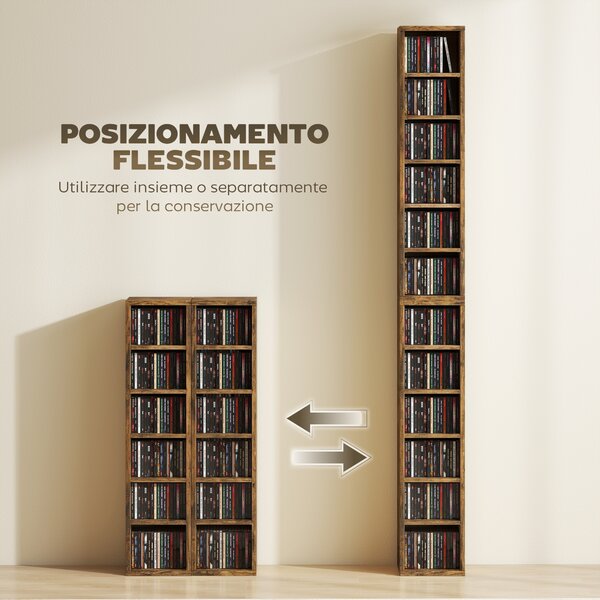 HOMCOM Set 2 Mobili Porta CD con Ripiani Regolabili per 204 CD in Legno, 21x22.5x88.5 cm, Marrone Rustico | Aosom Italy