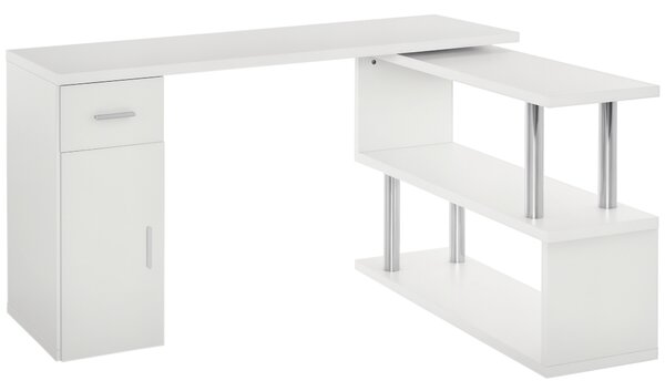 HOMCOM Scrivania Angolare Moderna in Legno con Cassetto, Scrivania ad Angolo con Armadietto e Mensole, Scrivania PC per Ufficio e Casa, Bianco
