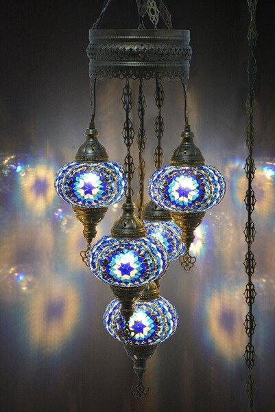 Lampada a sospensione turca a 5 luci in vetro mosaico blu – lampada da soffitto orientale con 5 sfere di vetro colorate