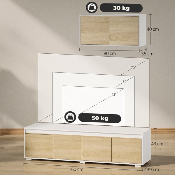 HOMCOM Set 2 Pezzi in Truciolato, Mobile TV max 70" 160x39x43 cm e Mobile Multiuso a Parete 80x35x40 cm