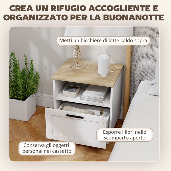 HOMCOM Comodino Moderno Minimal con Cassetto e Ripiano Aperto, in Legno, 45x38x50 cm, Bianco e color Legno | Aosom Italy