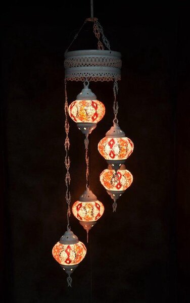 Lampada a sospensione con 5 sfere di vetro colorato a mosaico rosa, lampada da soffitto orientale marocchina, lunghezza 120 cm