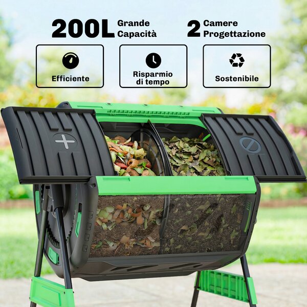 Outsunny Compostiera Domestica 200L a Doppia Camera con 8 Prese D'Aria, in PP e Metallo, 94x67x98 cm, Verde e Nero | Aosom Italy