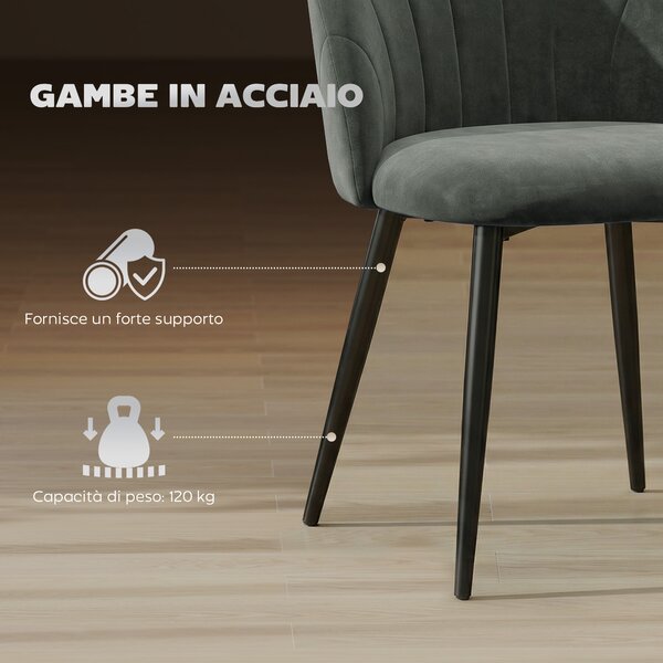 HOMCOM Set 2 Sedie da Pranzo Imbottite con Schienale a Conchiglia in Velluto, 52x55x79 cm, Grigio | Aosom Italy