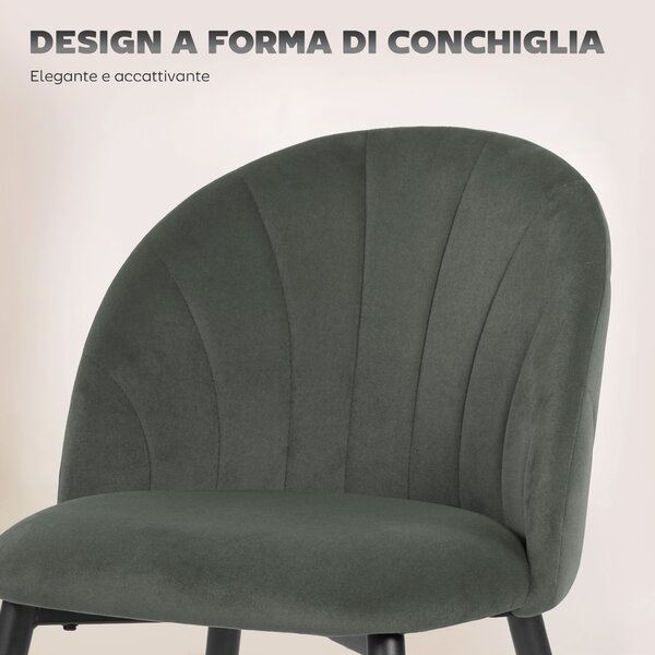 HOMCOM Set 2 Sedie da Pranzo Imbottite con Schienale a Conchiglia in Velluto, 52x55x79 cm, Grigio | Aosom Italy